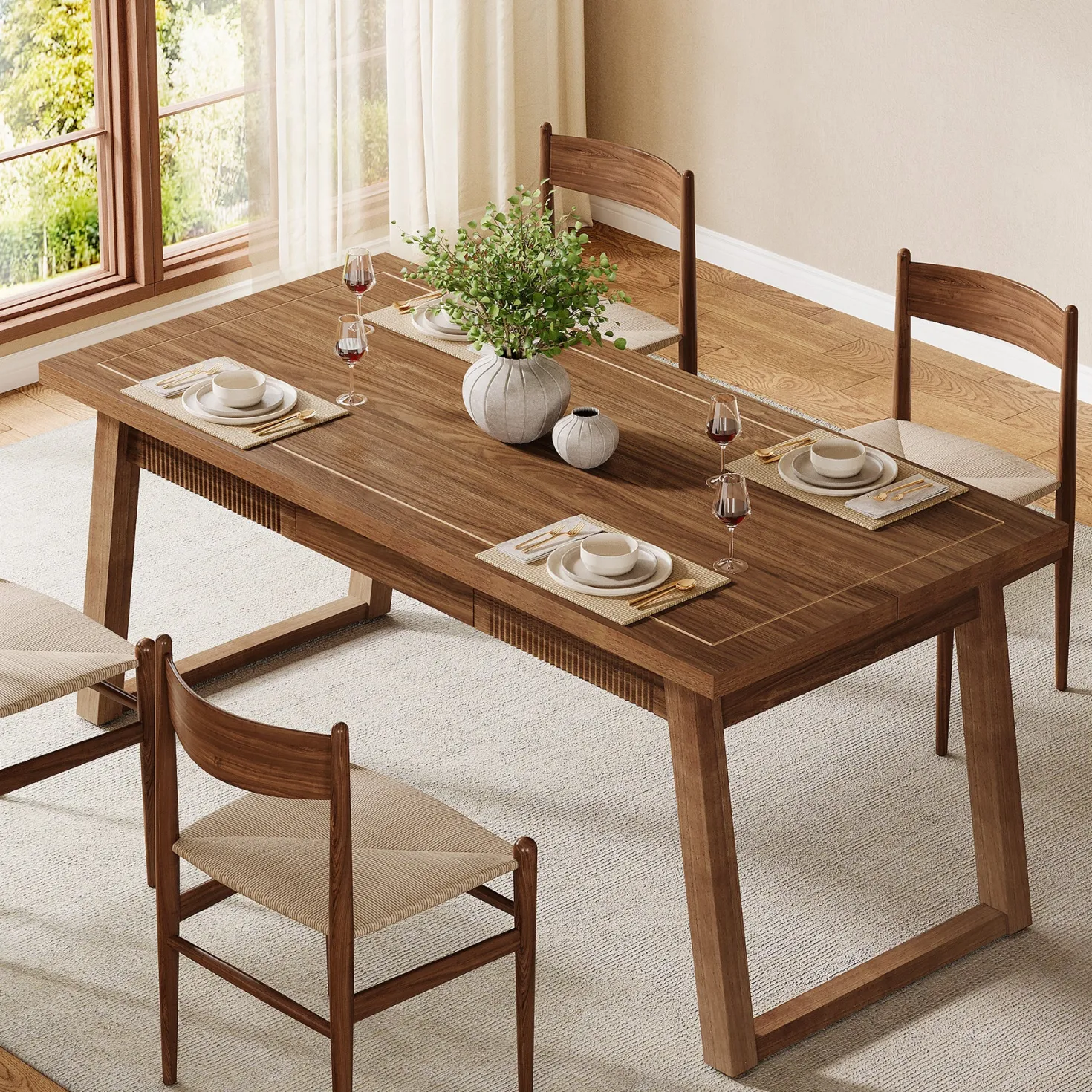 55" Rectangular Dining Table with Drawer & Solid Wood Legs for 4-6