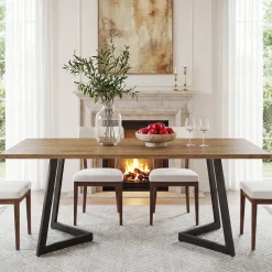 62" Rectangular Dining Table for 6, Modern Farmhouse Kitchen Table with Metal Legs for Dining Room