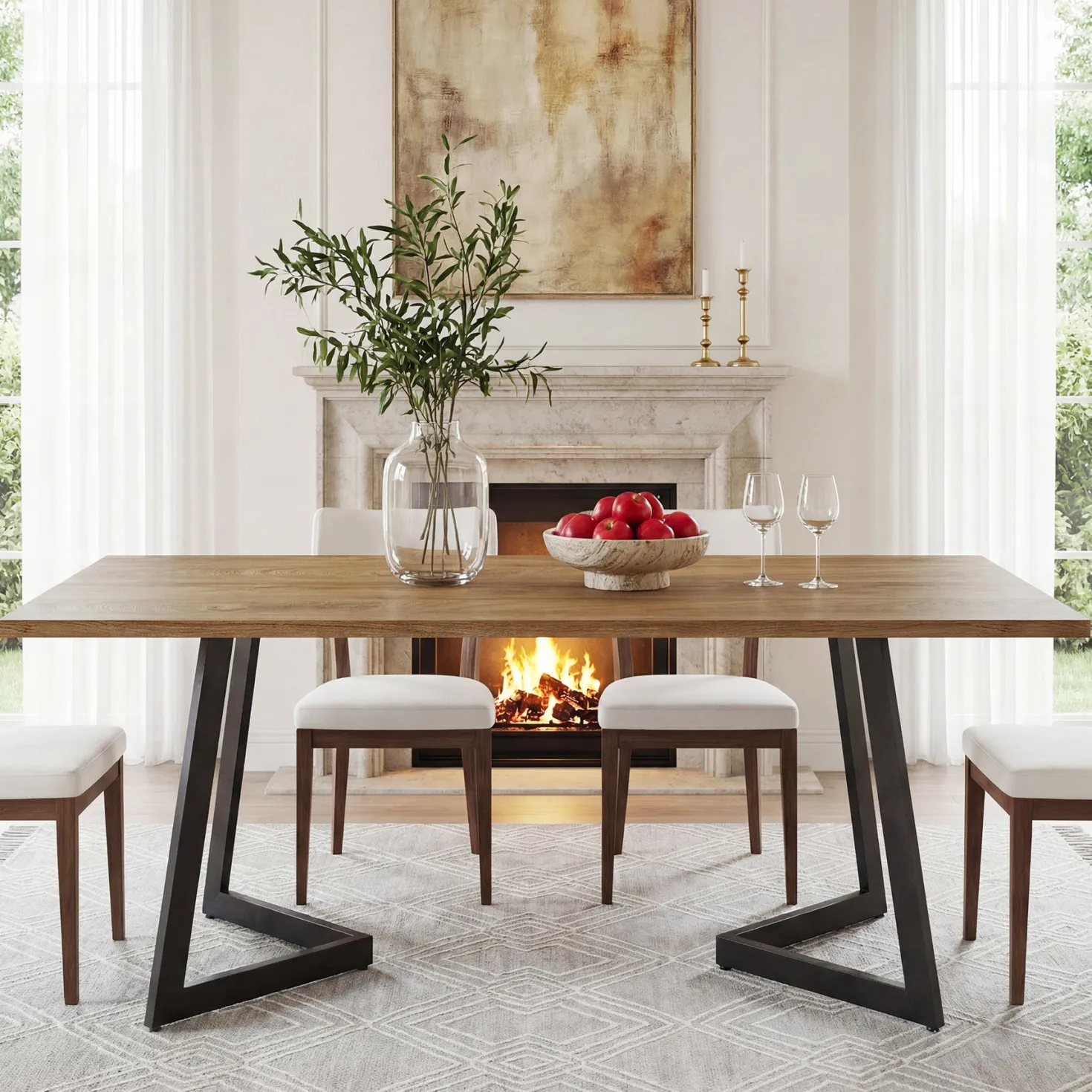 62" Rectangular Dining Table for 6, Modern Farmhouse Kitchen Table with Metal Legs for Dining Room