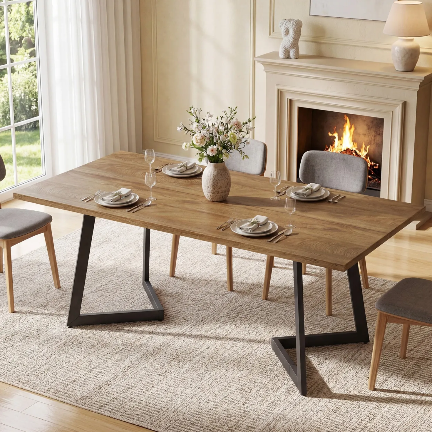 62" Rectangular Dining Table for 6, Modern Farmhouse Kitchen Table with Metal Legs for Dining Room