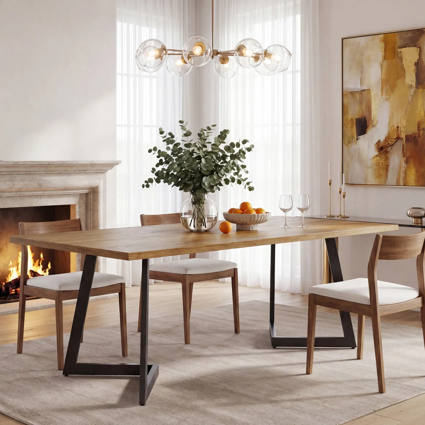 62" Rectangular Dining Table for 6, Modern Farmhouse Kitchen Table with Metal Legs for Dining Room