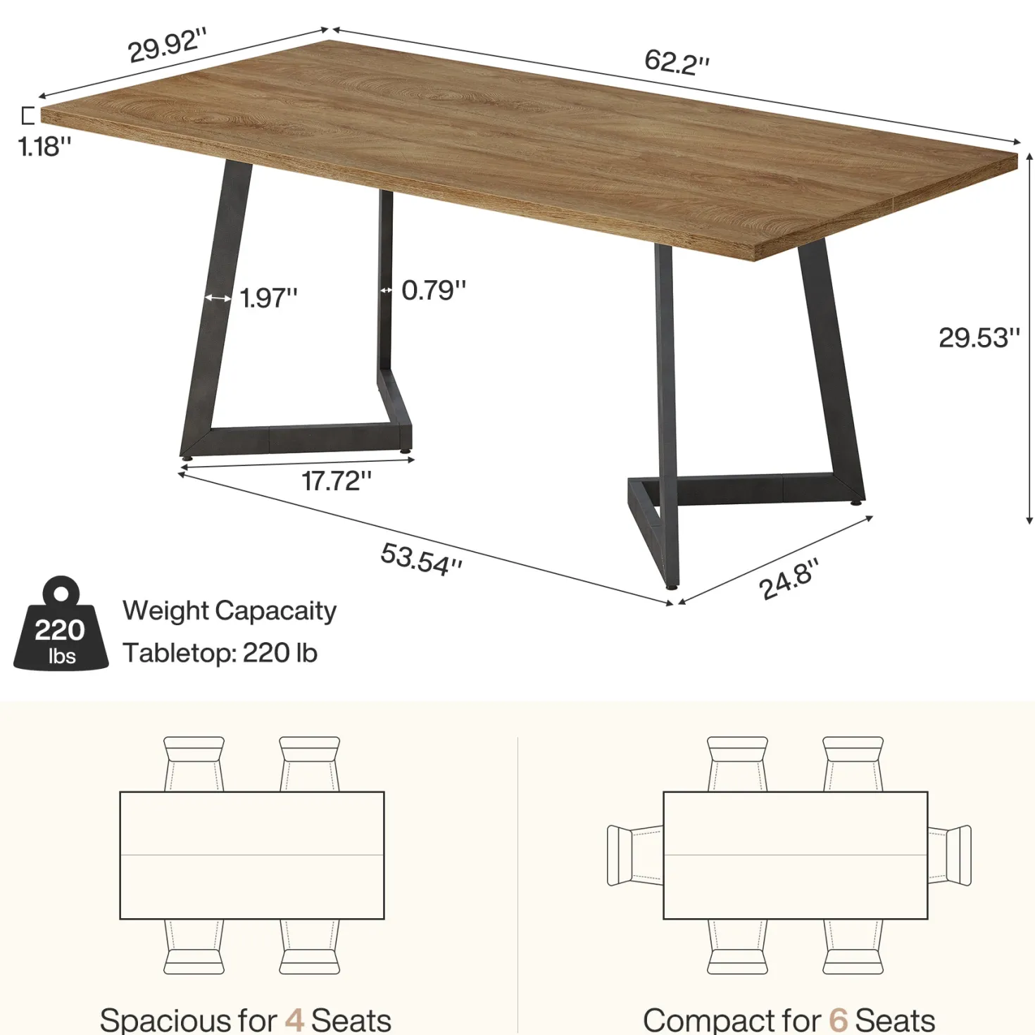 62" Rectangular Dining Table for 6, Modern Farmhouse Kitchen Table with Metal Legs for Dining Room