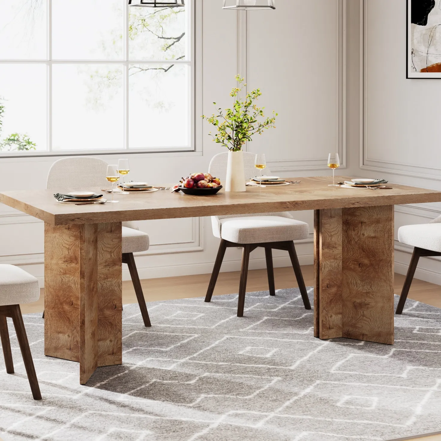 63" Rectangular Dining Table, Farmhouse Kitchen Dinner Table for 4-6 People