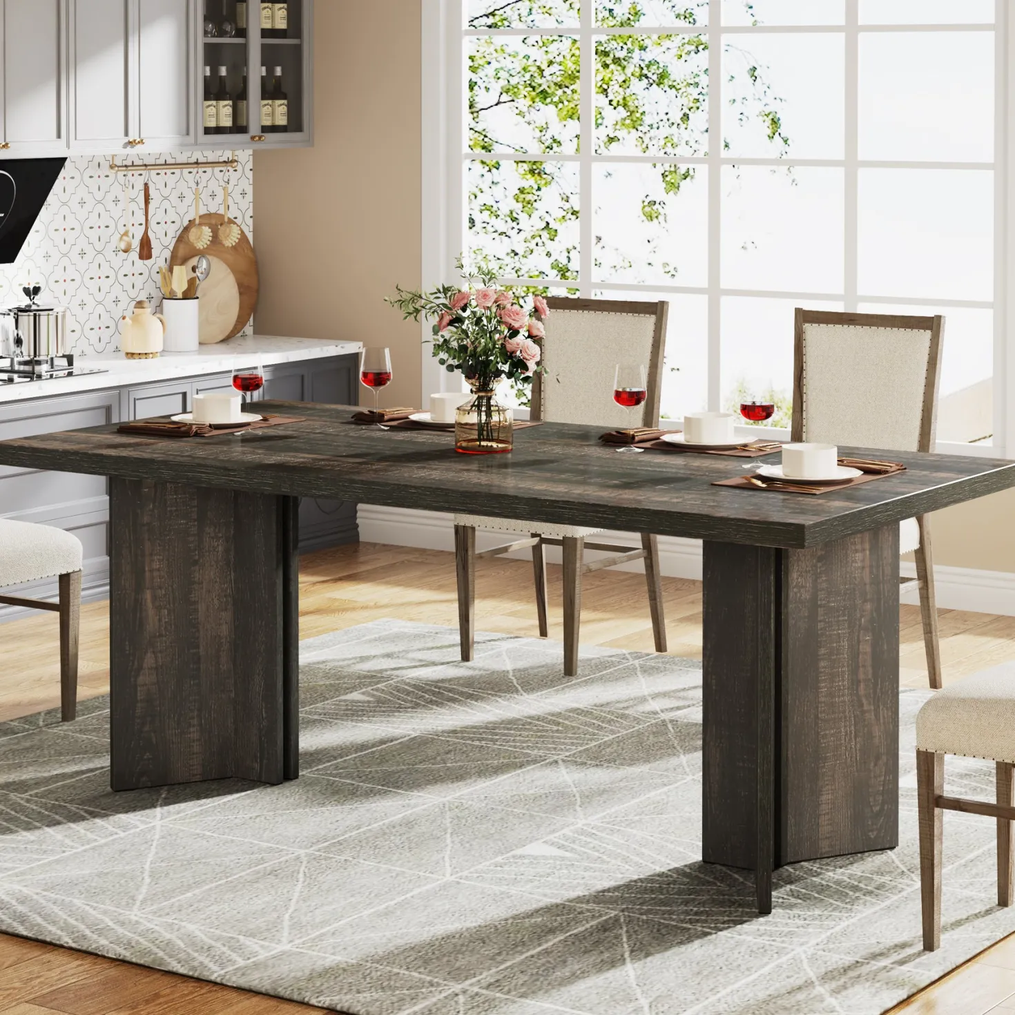 63" Rectangular Dining Table, Farmhouse Kitchen Dinner Table for 4-6 People