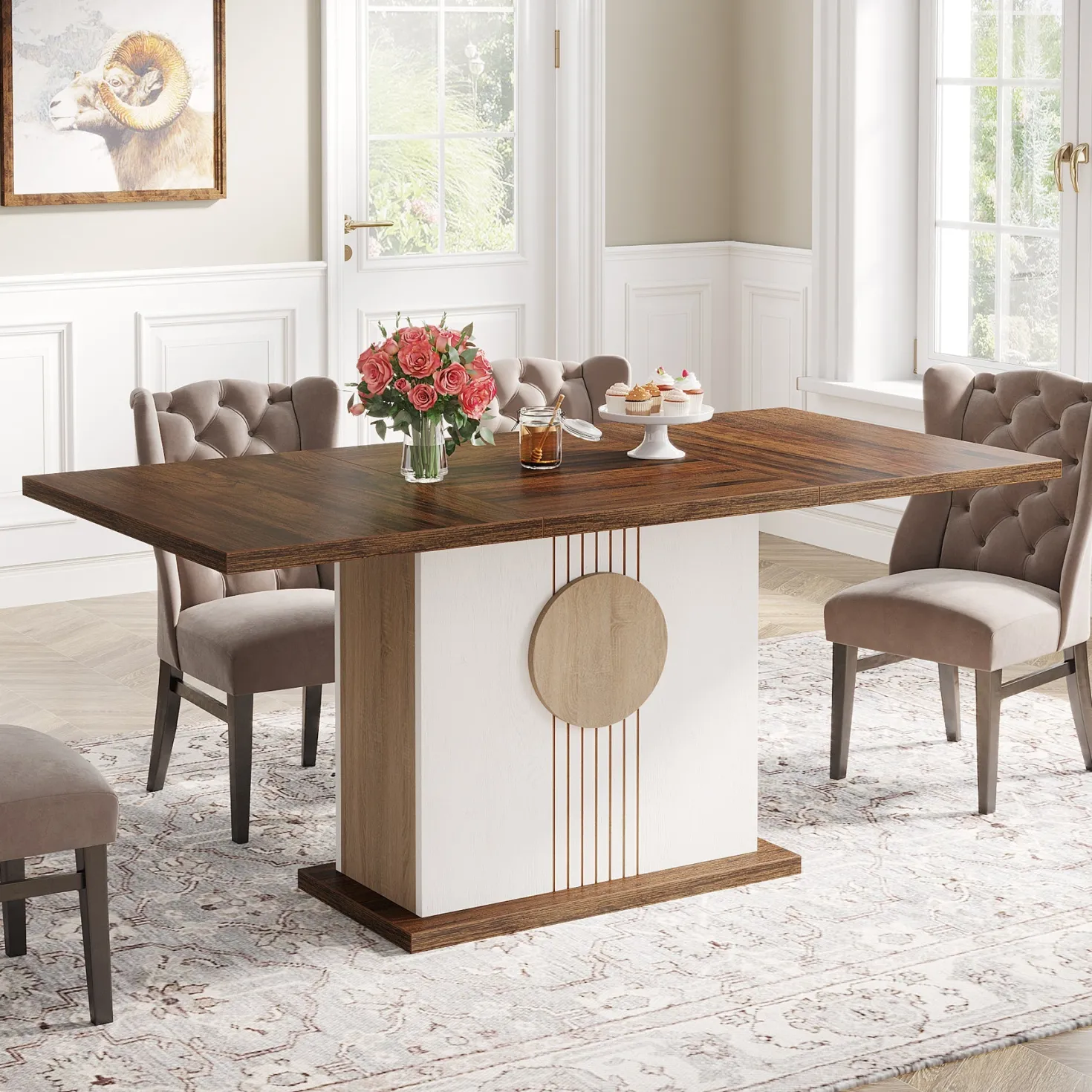 55" Rectangular Dining Table, Farmhouse Wood Kitchen Table for 4 to 6 People