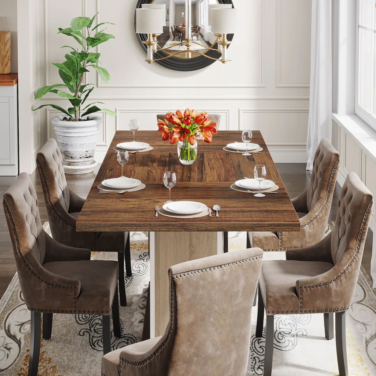 55" Rectangular Dining Table, Farmhouse Wood Kitchen Table for 4 to 6 People