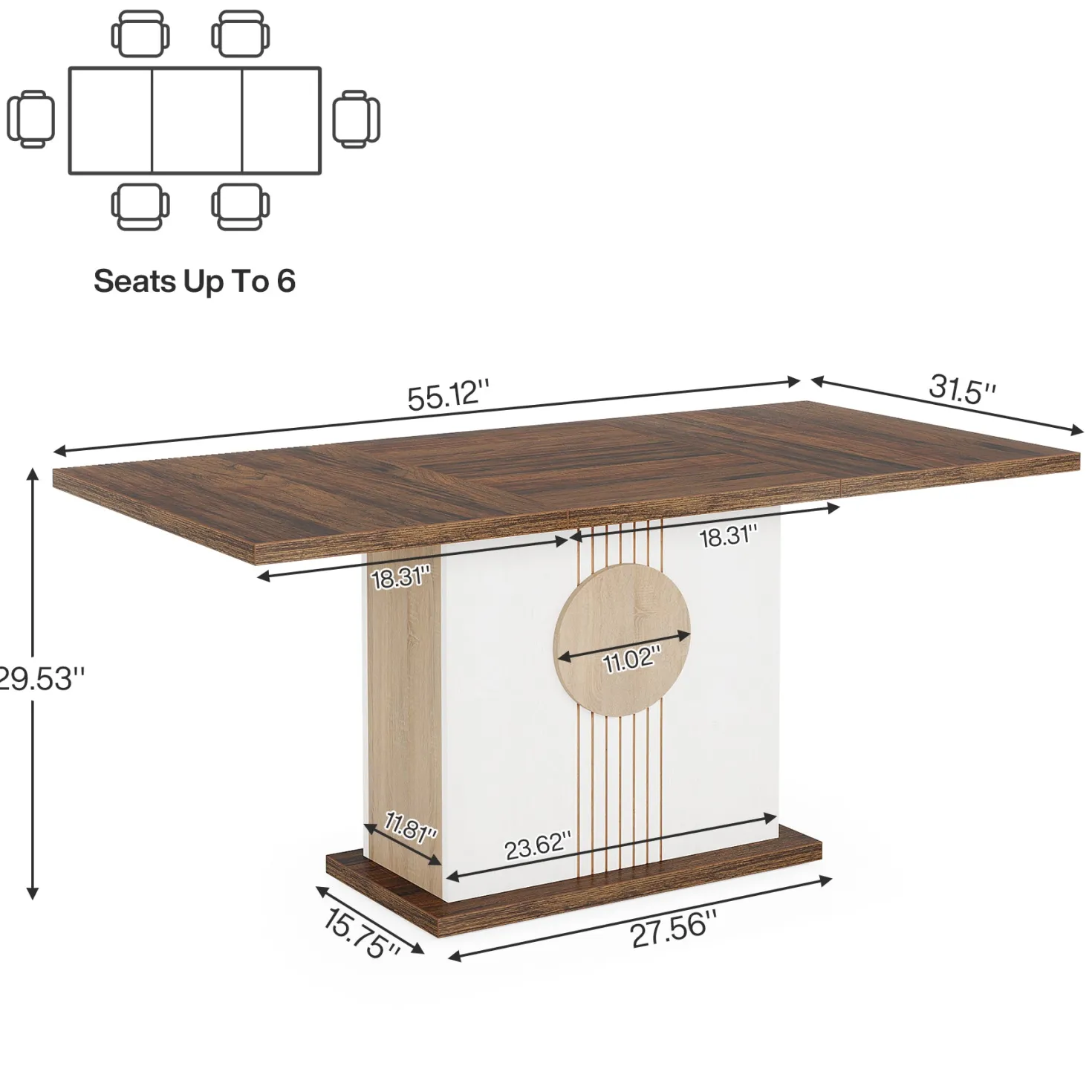 55" Rectangular Dining Table, Farmhouse Wood Kitchen Table for 4 to 6 People