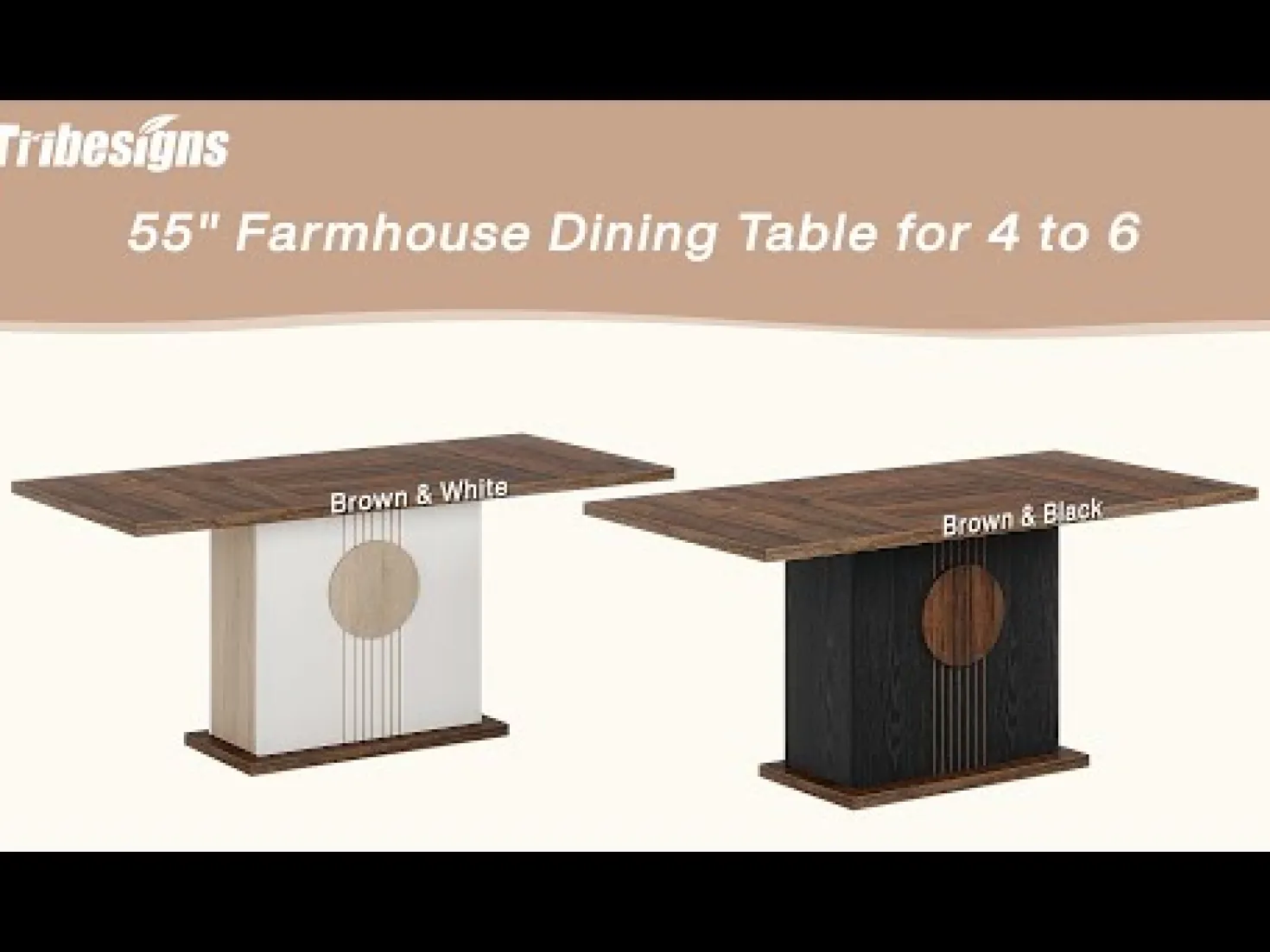 55" Rectangular Dining Table, Farmhouse Wood Kitchen Table for 4 to 6 People