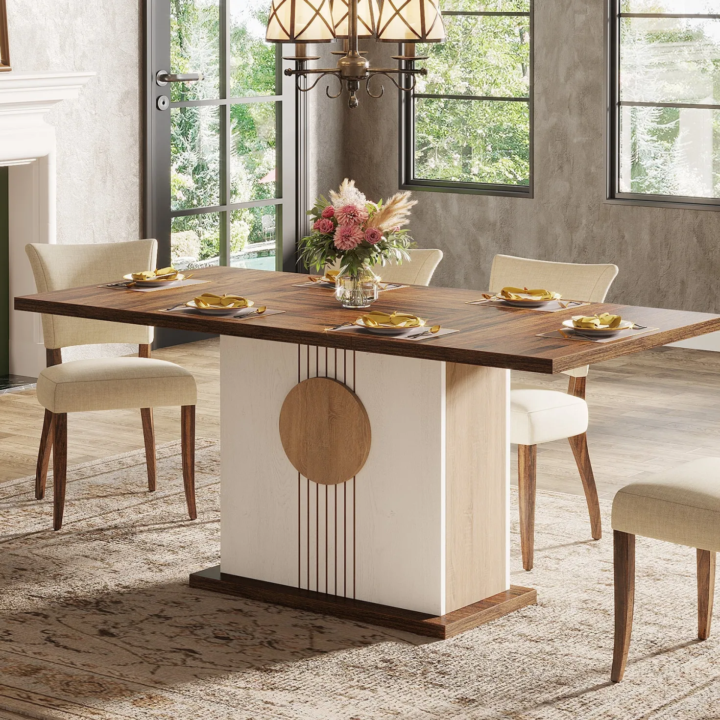 55" Rectangular Dining Table, Farmhouse Wood Kitchen Table for 4 to 6 People