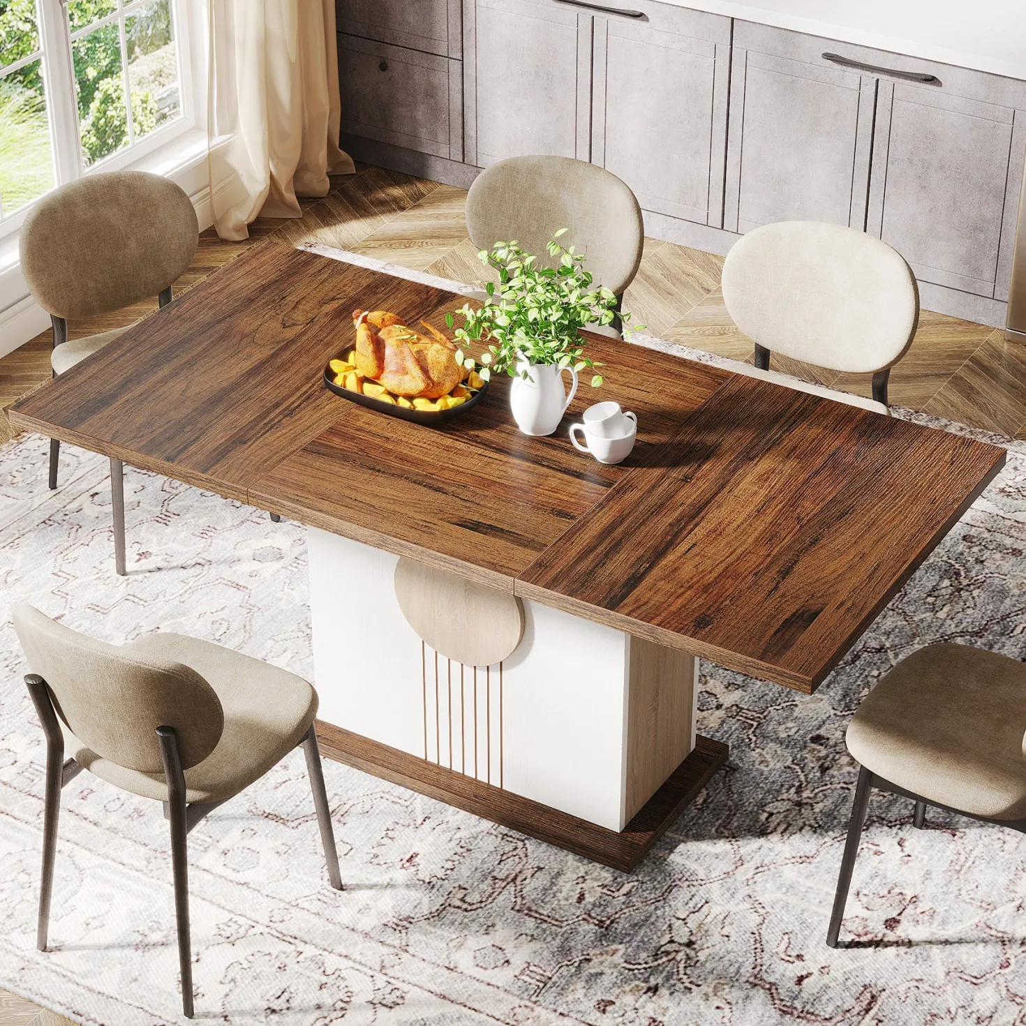 55" Rectangular Dining Table, Farmhouse Wood Kitchen Table for 4 to 6 People