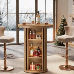 35.4" Round Bar Table, High Top Pub Table with 3-Tier Hidden Storage Shelves