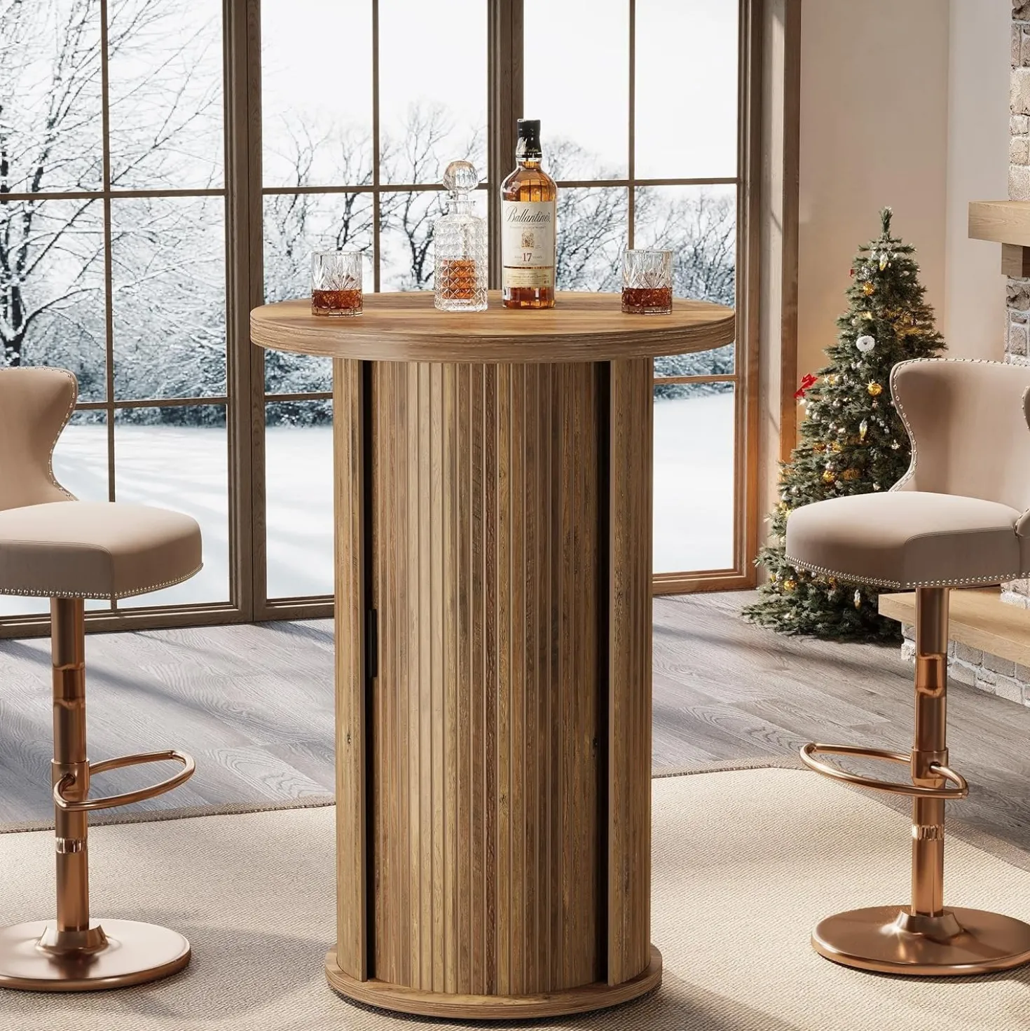 35.4" Round Bar Table, High Top Pub Table with 3-Tier Hidden Storage Shelves