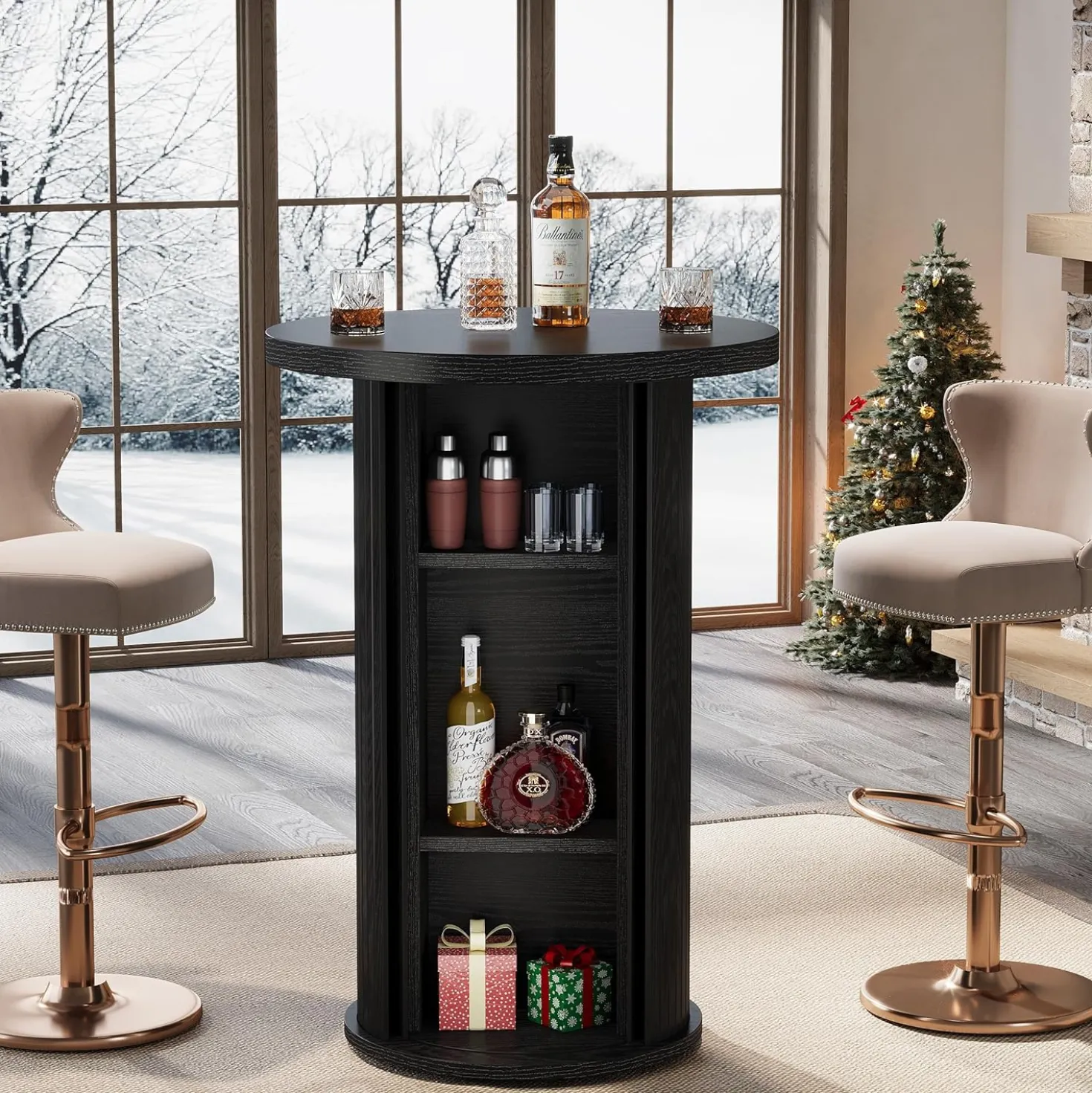 35.4" Round Bar Table, High Top Pub Table with 3-Tier Hidden Storage Shelves