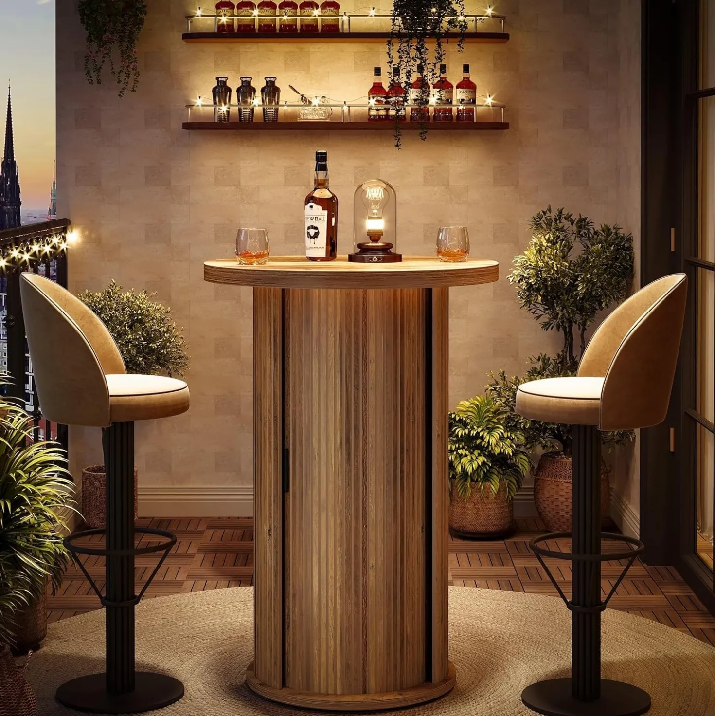 35.4" Round Bar Table, High Top Pub Table with 3-Tier Hidden Storage Shelves