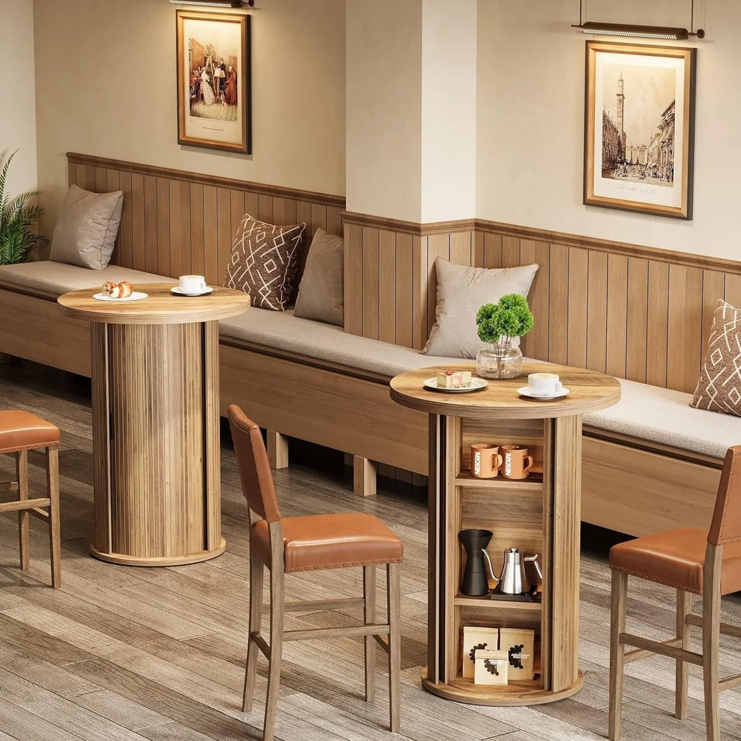 35.4" Round Bar Table, High Top Pub Table with 3-Tier Hidden Storage Shelves