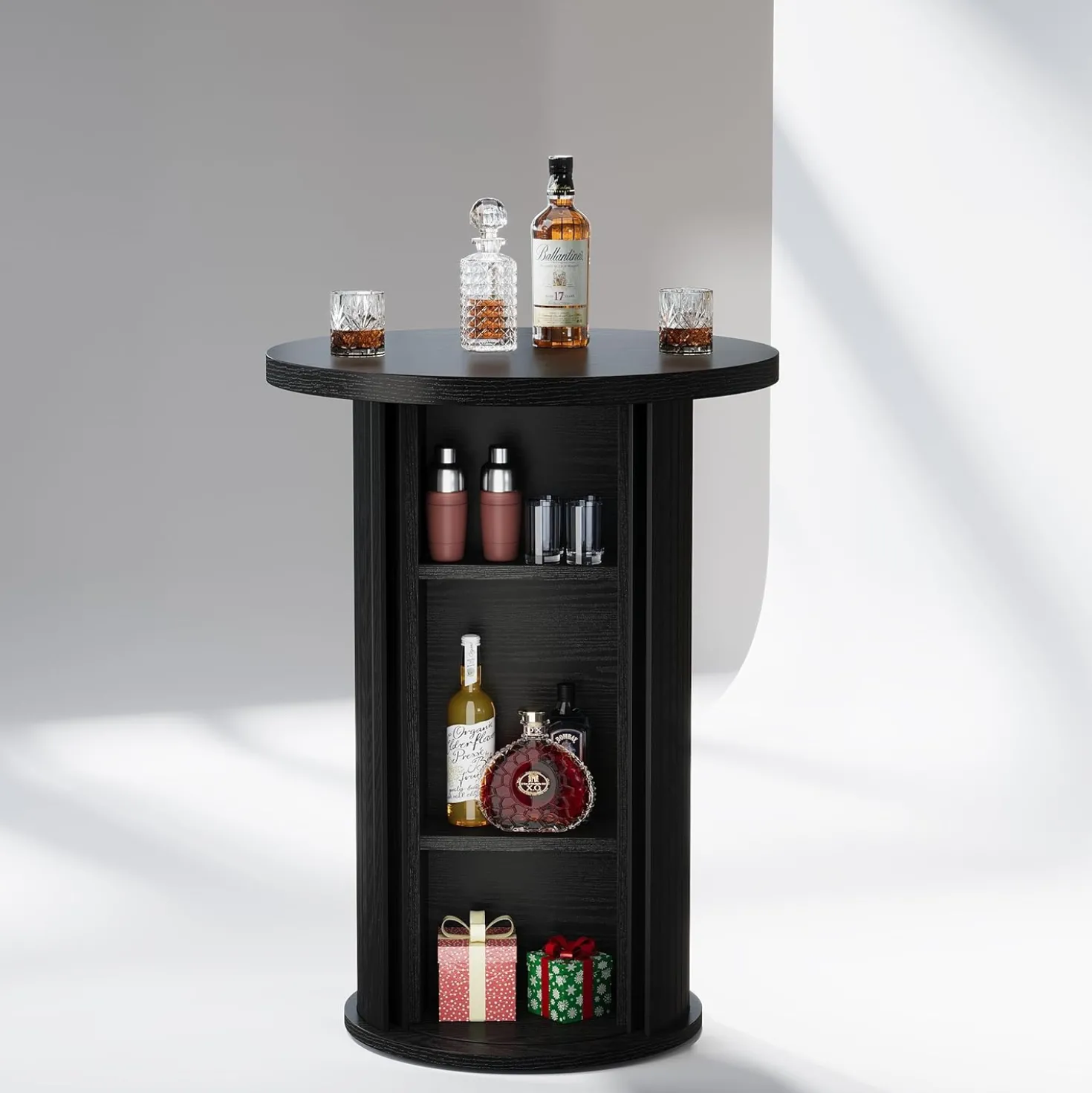 35.4" Round Bar Table, High Top Pub Table with 3-Tier Hidden Storage Shelves