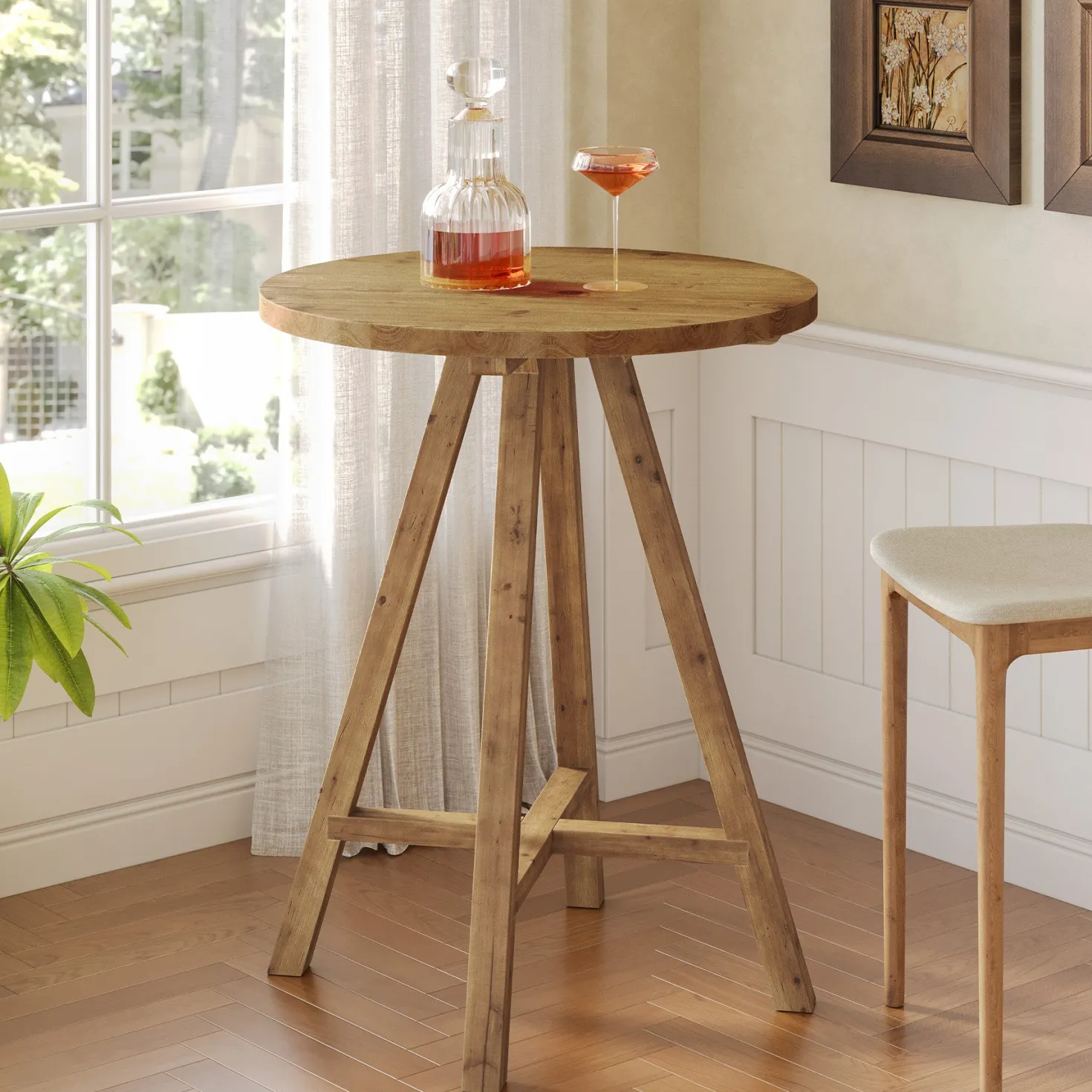 31.5" Round Bar Table, Solid Wood Pub Bistro Table