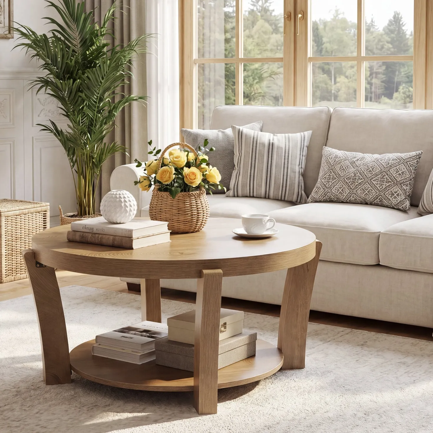 31.5" Round Coffee Table, Farmhouse Center Table with Storage, Easy Assembly