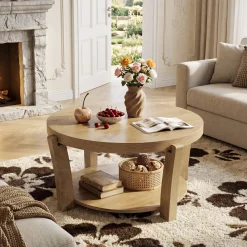 31.5" Round Coffee Table, Farmhouse Center Table with Storage, Easy Assembly