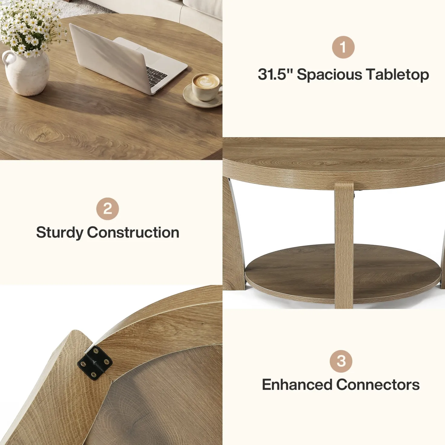 31.5" Round Coffee Table, Farmhouse Center Table with Storage, Easy Assembly