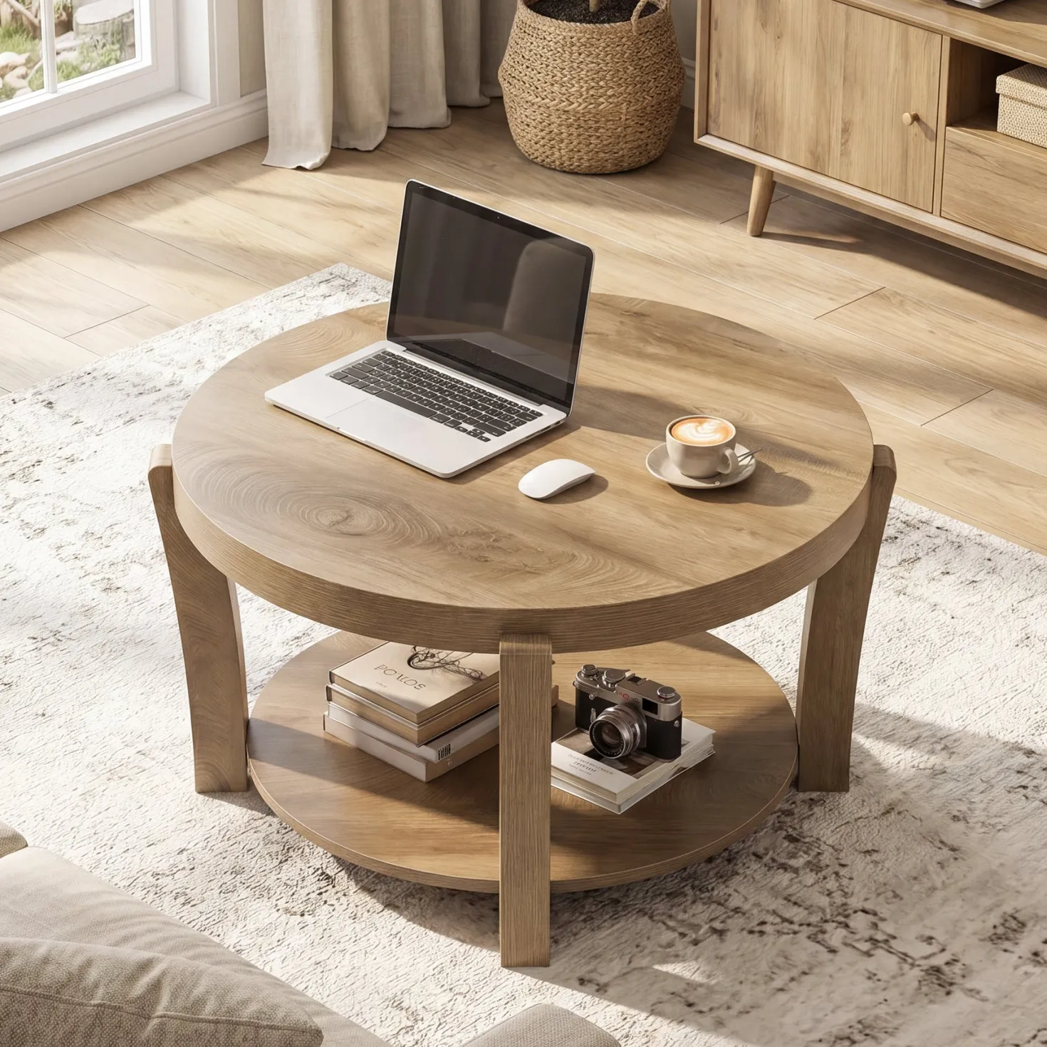 31.5" Round Coffee Table, Farmhouse Center Table with Storage, Easy Assembly
