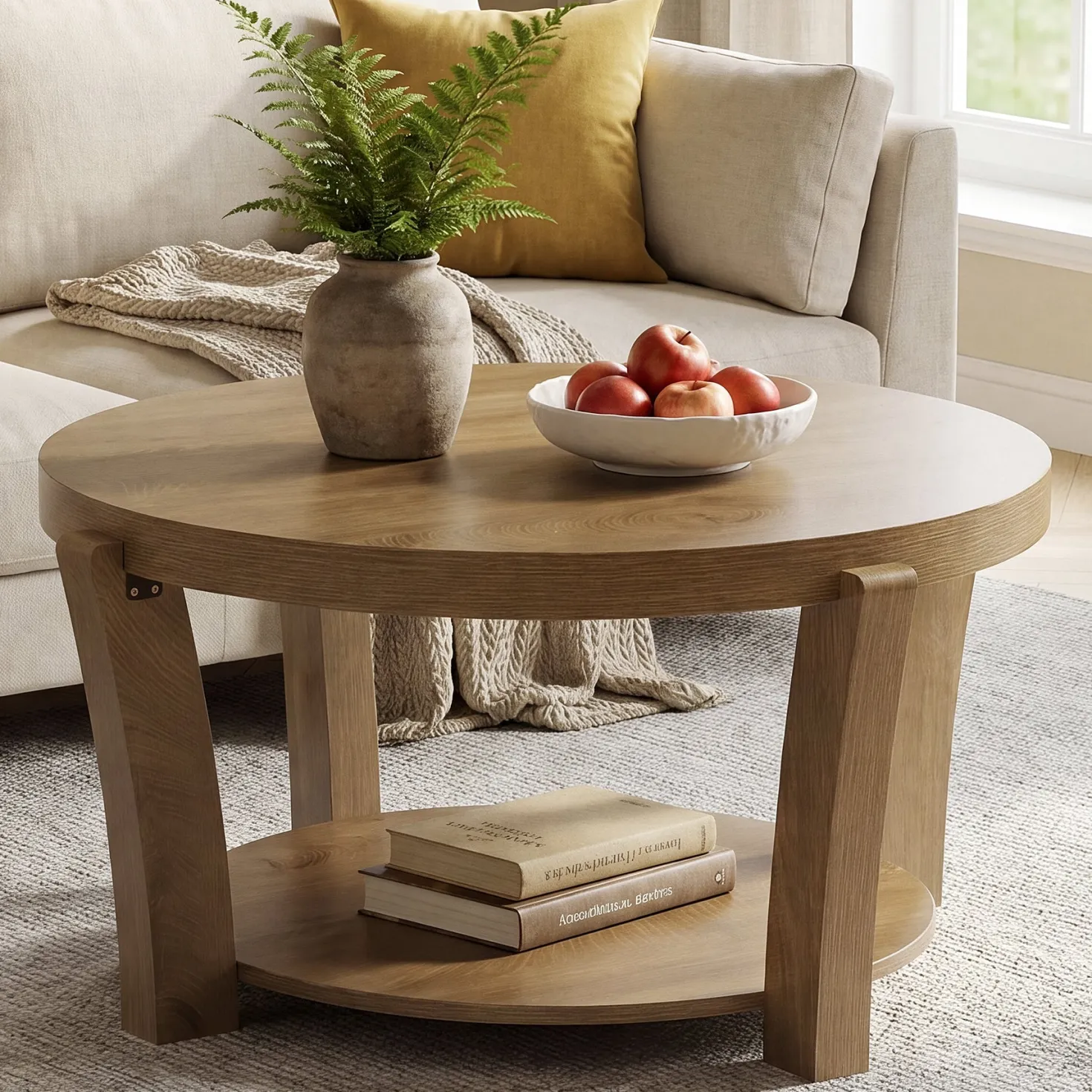 31.5" Round Coffee Table, Farmhouse Center Table with Storage, Easy Assembly