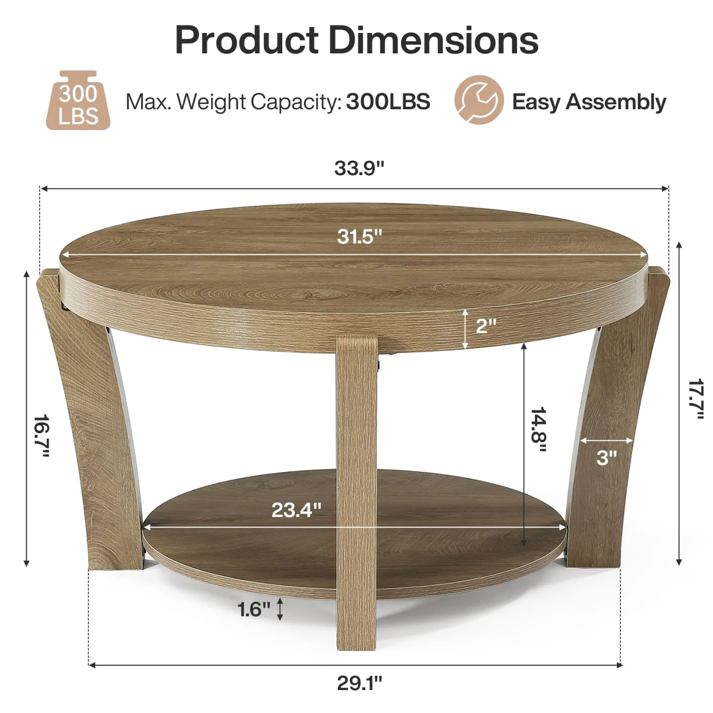 31.5" Round Coffee Table, Farmhouse Center Table with Storage, Easy Assembly