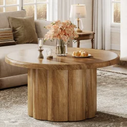 31.5" Round Coffee Table, Farmhouse Center Table with Fluted Drum Base