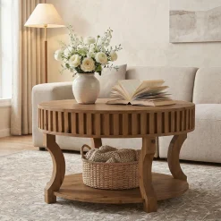 31.5" Round Coffee Table, Farmhouse 2-Tier Center Table with Storage for Living Room
