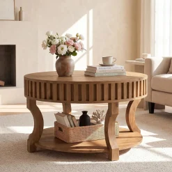 31.5" Round Coffee Table, Farmhouse 2-Tier Center Table with Storage for Living Room
