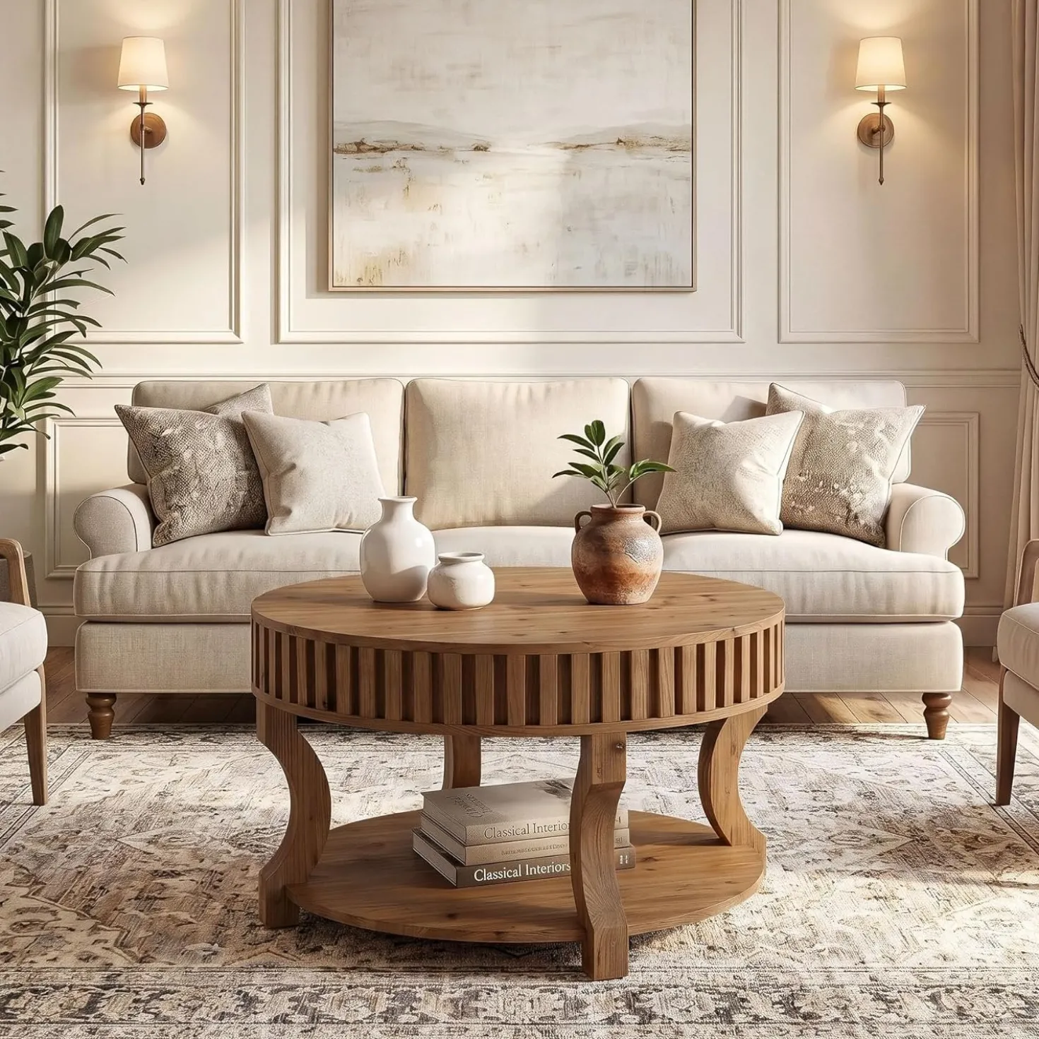 31.5" Round Coffee Table, Farmhouse 2-Tier Center Table with Storage for Living Room