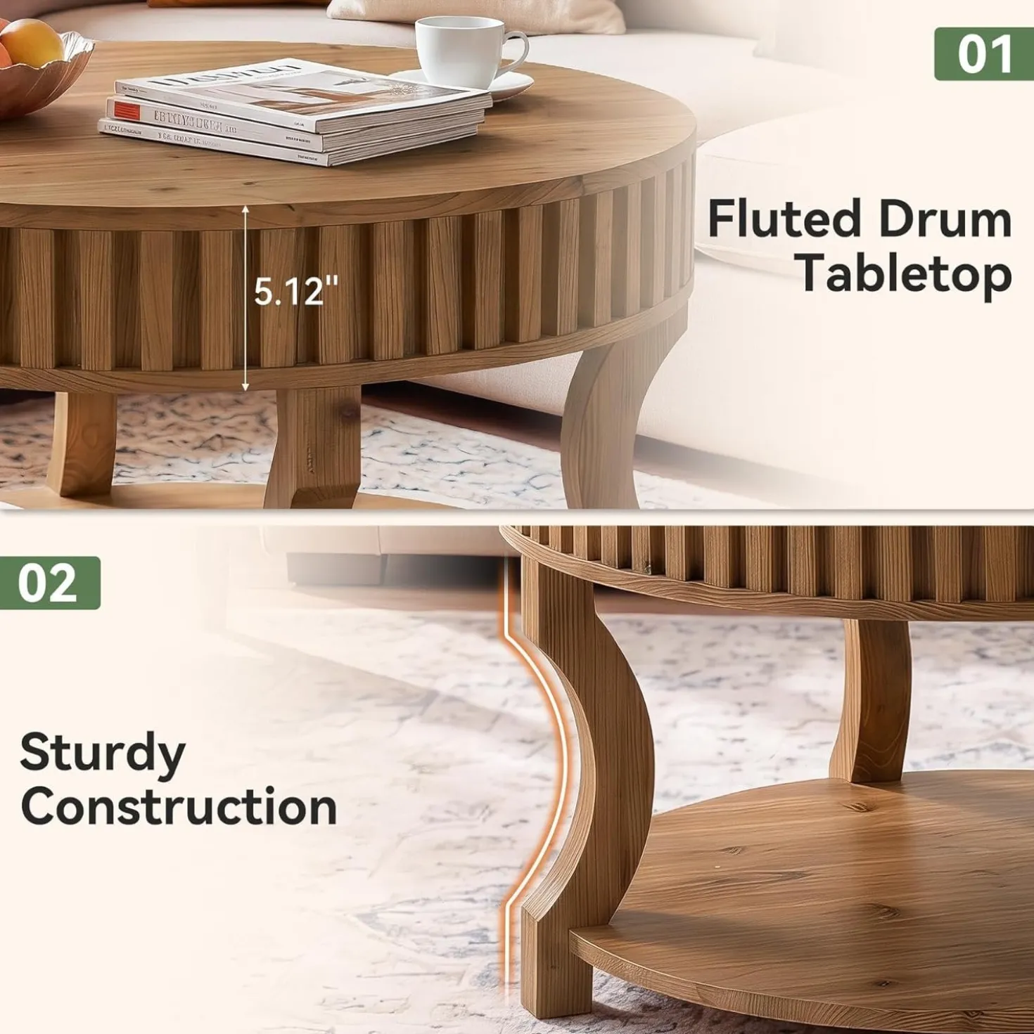 31.5" Round Coffee Table, Farmhouse 2-Tier Center Table with Storage for Living Room