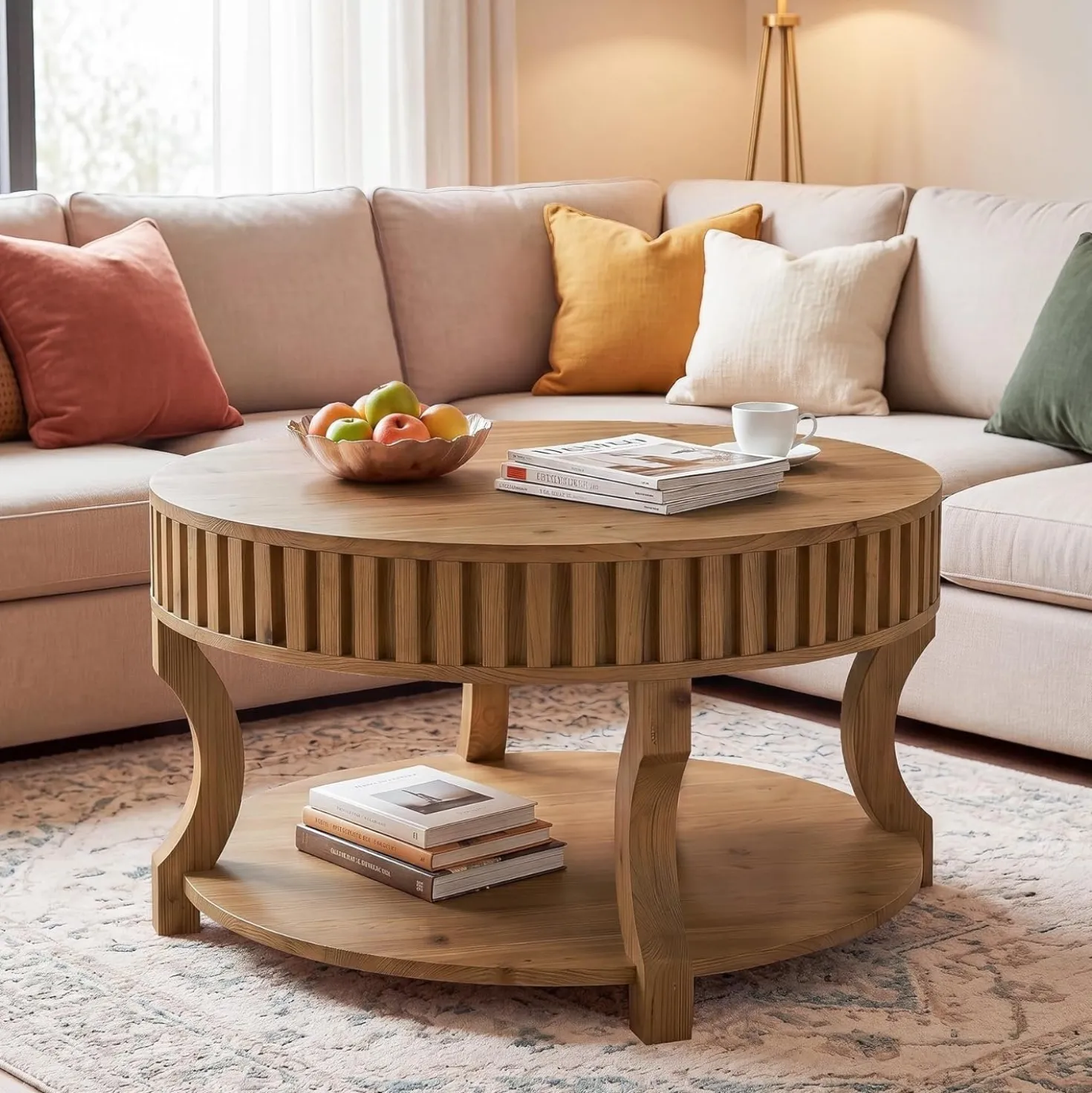 31.5" Round Coffee Table, Farmhouse 2-Tier Center Table with Storage for Living Room