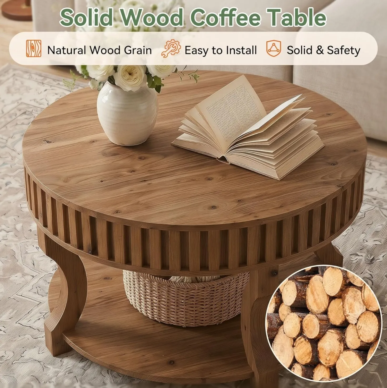 31.5" Round Coffee Table, Farmhouse 2-Tier Center Table with Storage for Living Room