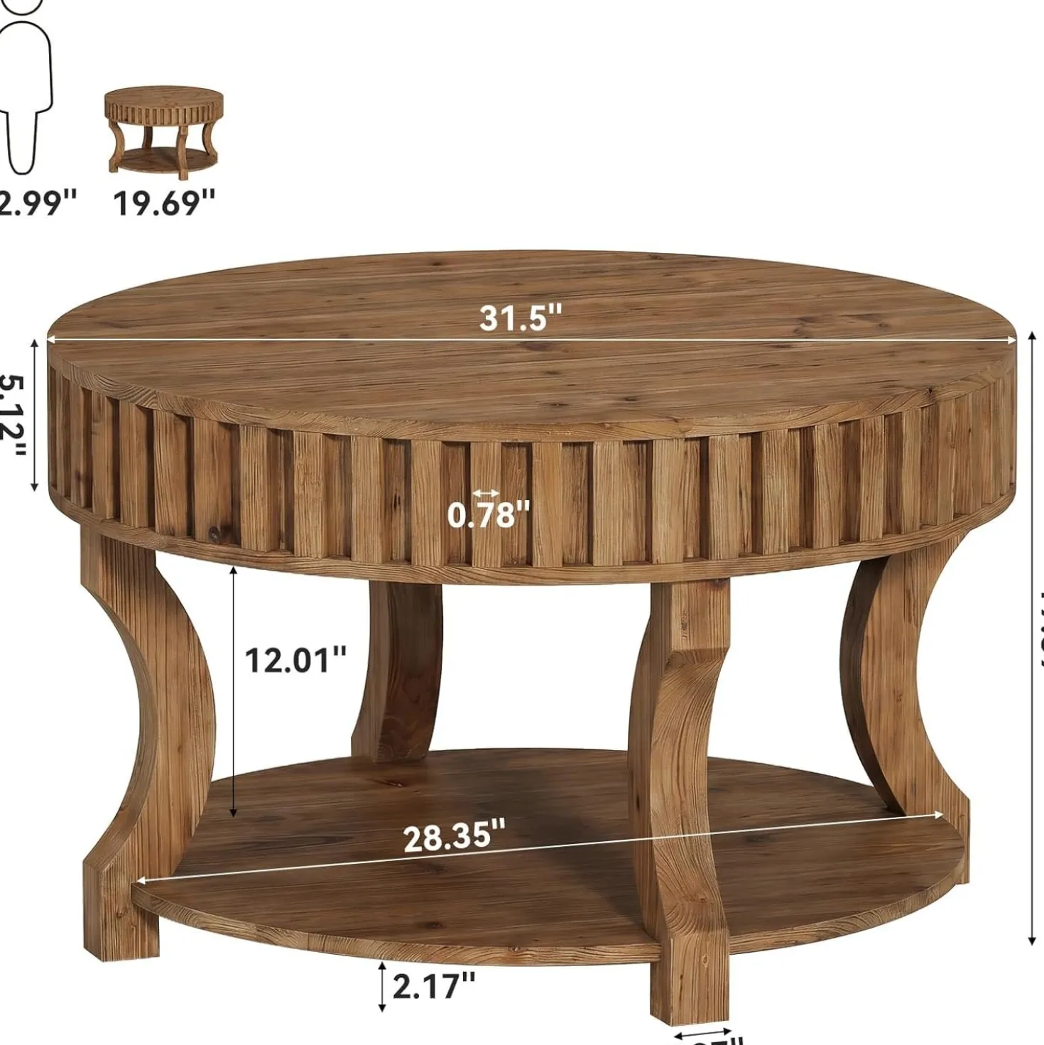 31.5" Round Coffee Table, Farmhouse 2-Tier Center Table with Storage for Living Room