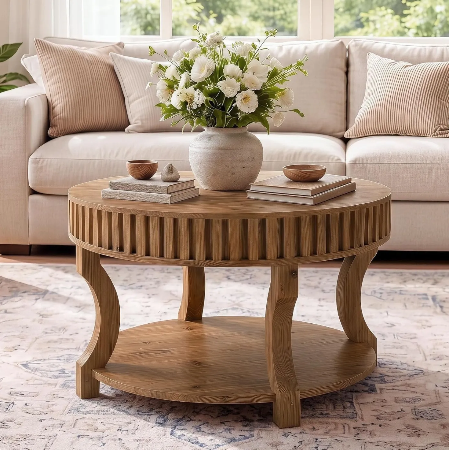 31.5" Round Coffee Table, Farmhouse 2-Tier Center Table with Storage for Living Room