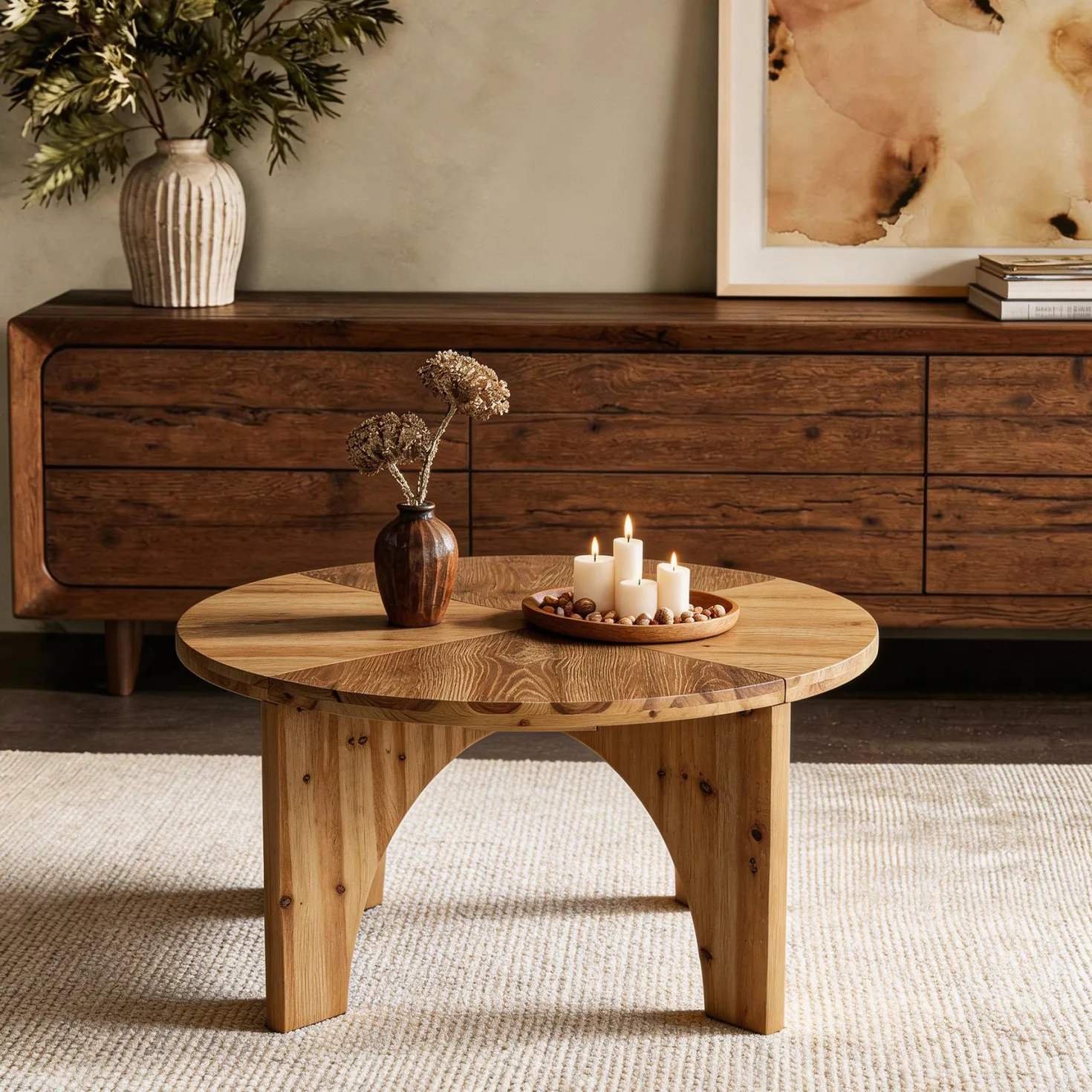 31.5" Round Coffee Table, Farmhouse Solid Wood Center Table with Curved Legs