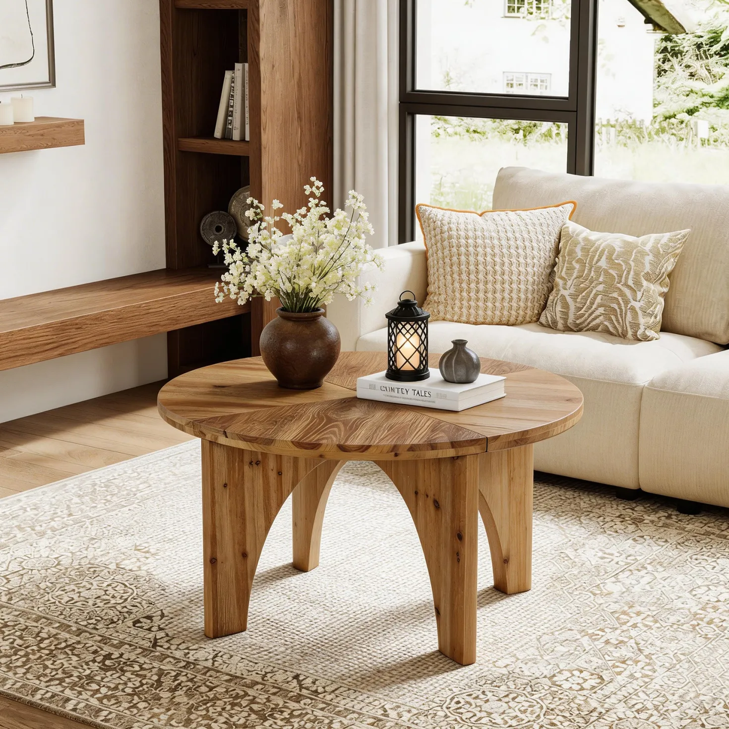 31.5" Round Coffee Table, Farmhouse Solid Wood Center Table with Curved Legs