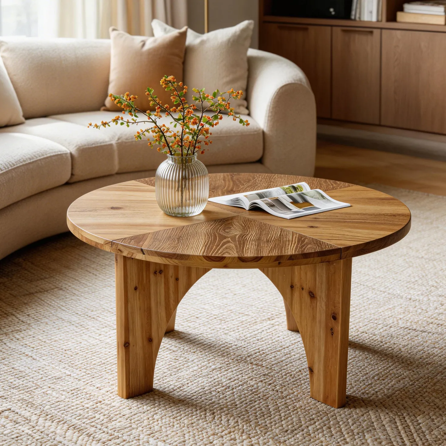 31.5" Round Coffee Table, Farmhouse Solid Wood Center Table with Curved Legs