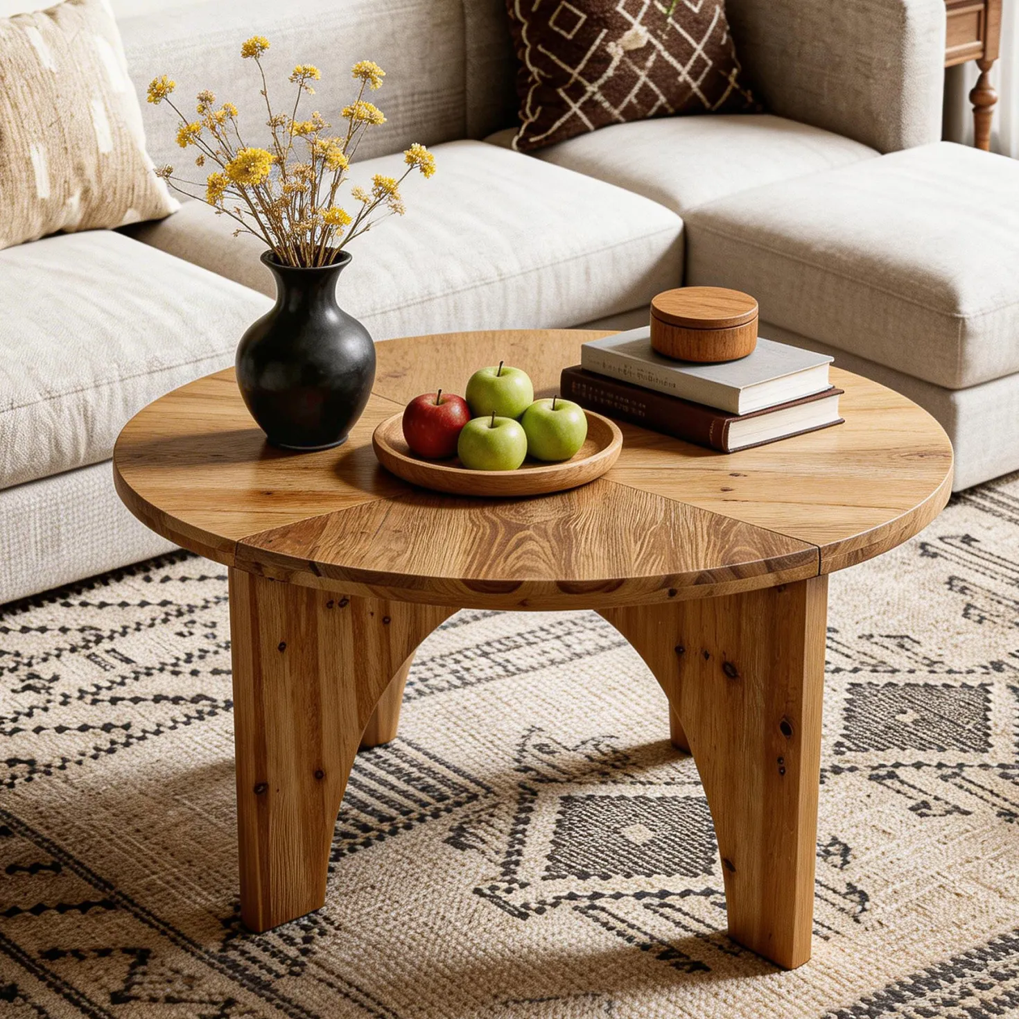 31.5" Round Coffee Table, Farmhouse Solid Wood Center Table with Curved Legs