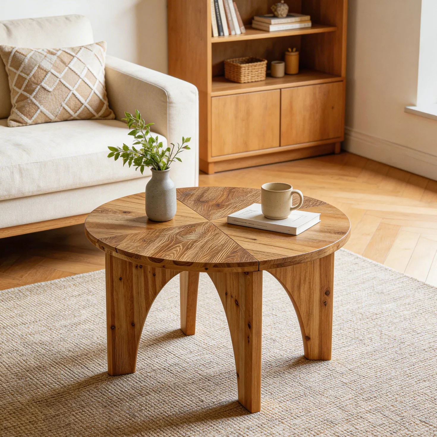 31.5" Round Coffee Table, Farmhouse Solid Wood Center Table with Curved Legs
