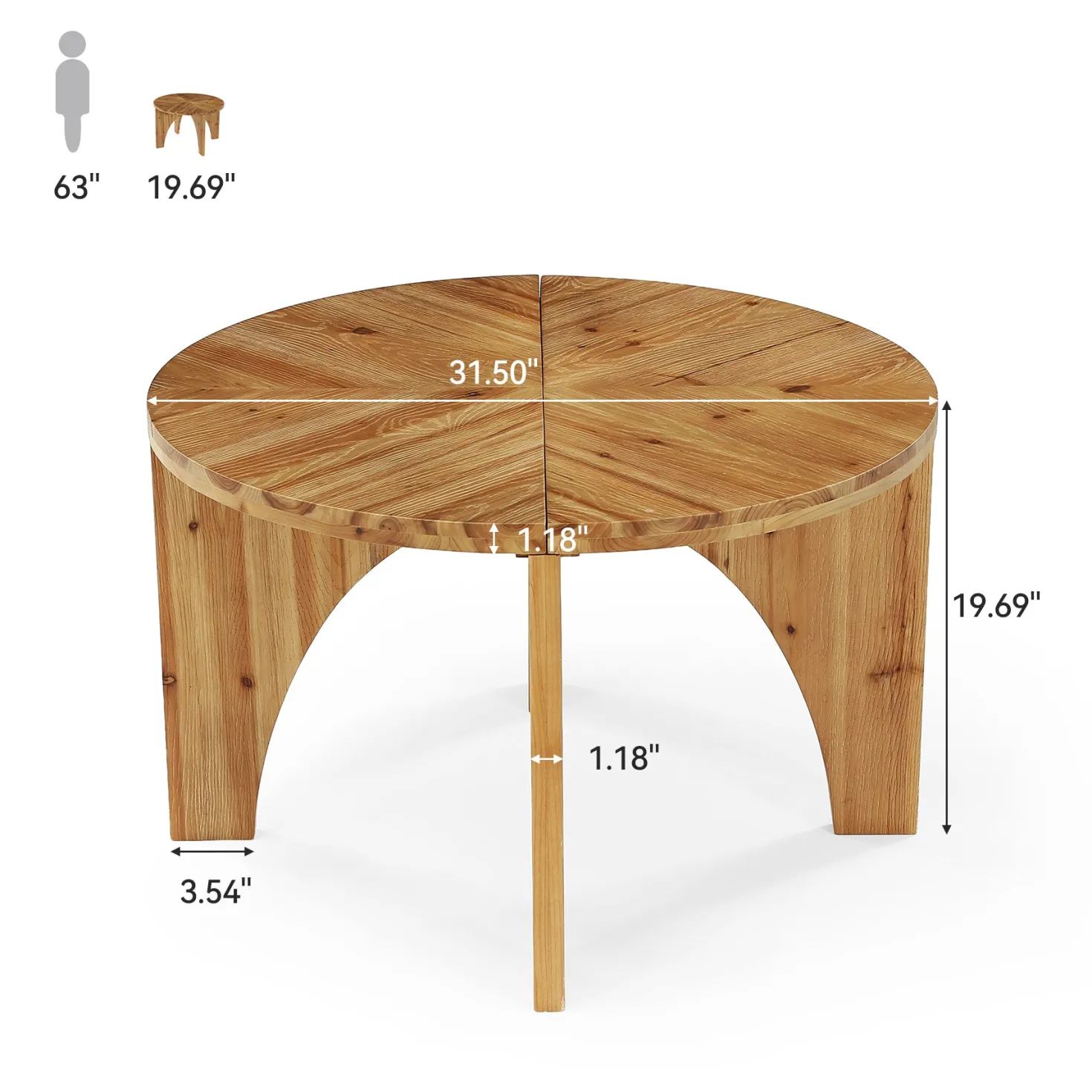 31.5" Round Coffee Table, Farmhouse Solid Wood Center Table with Curved Legs
