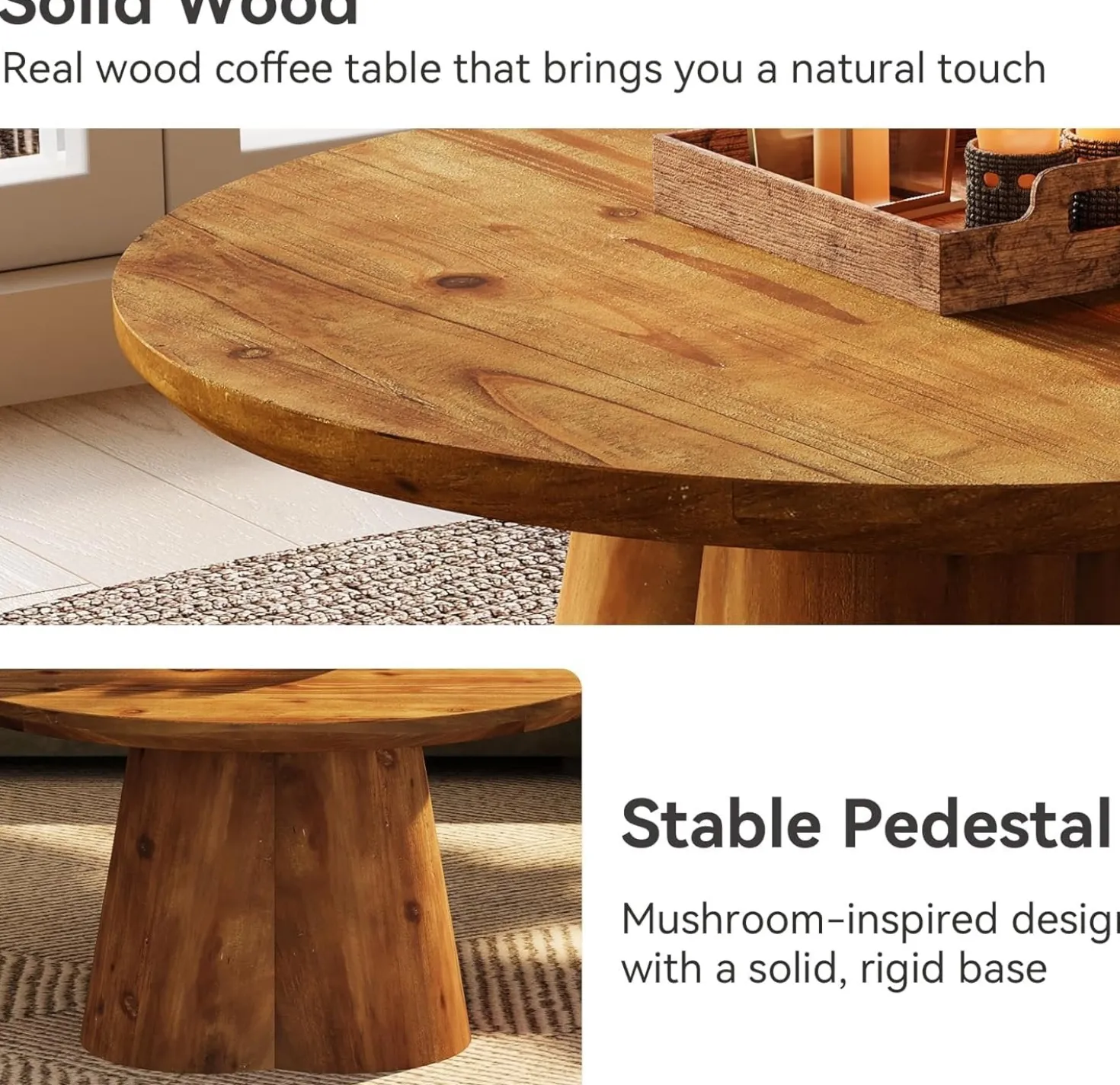 31.5" Round Coffee Table, Farmhouse Solid Wood Center Tea Table with Robust Base