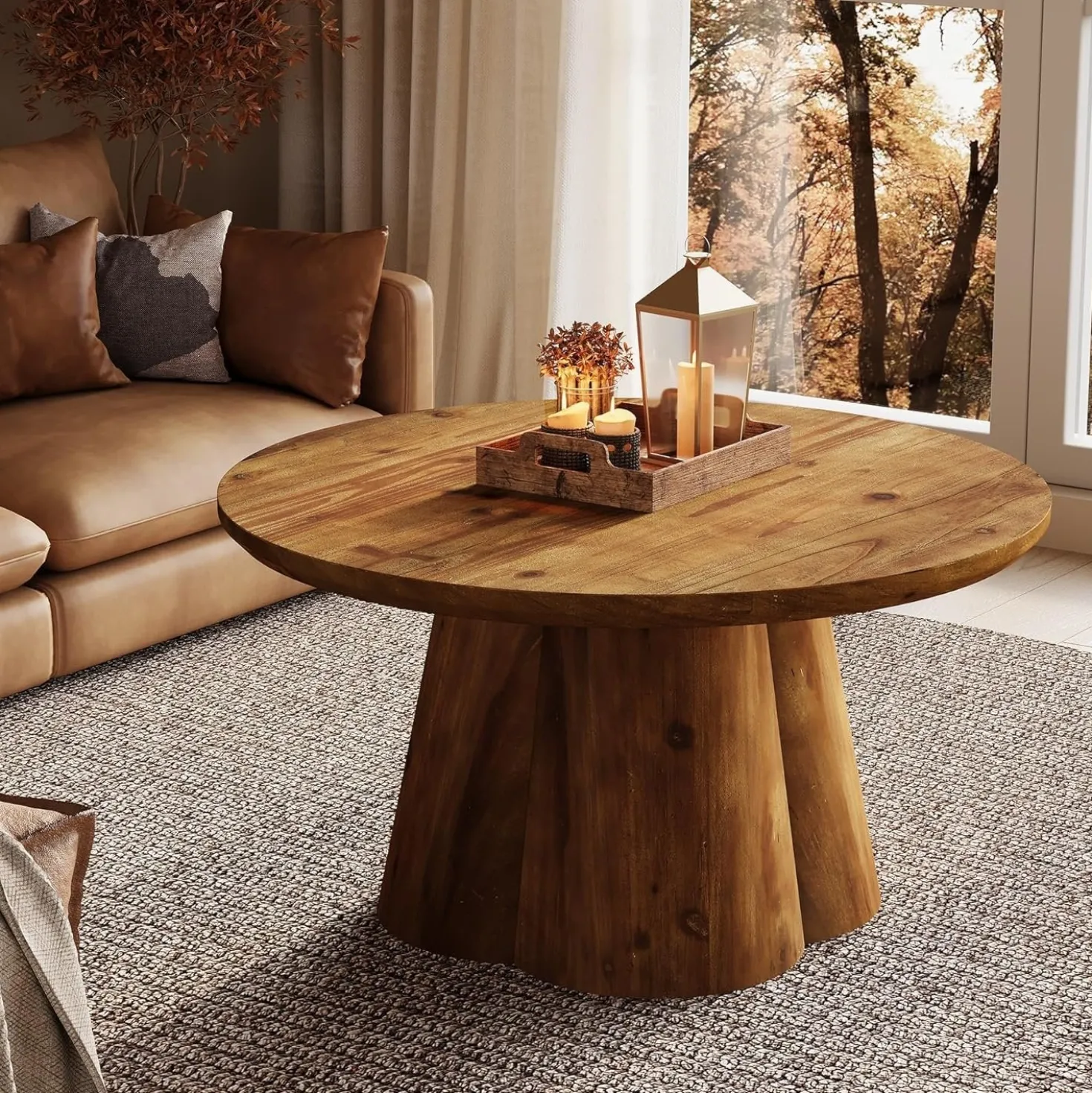 31.5" Round Coffee Table, Farmhouse Solid Wood Center Tea Table with Robust Base
