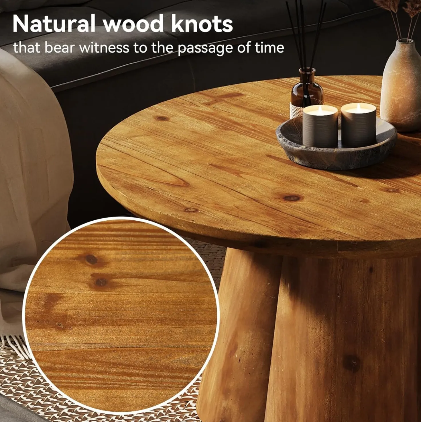31.5" Round Coffee Table, Farmhouse Solid Wood Center Tea Table with Robust Base