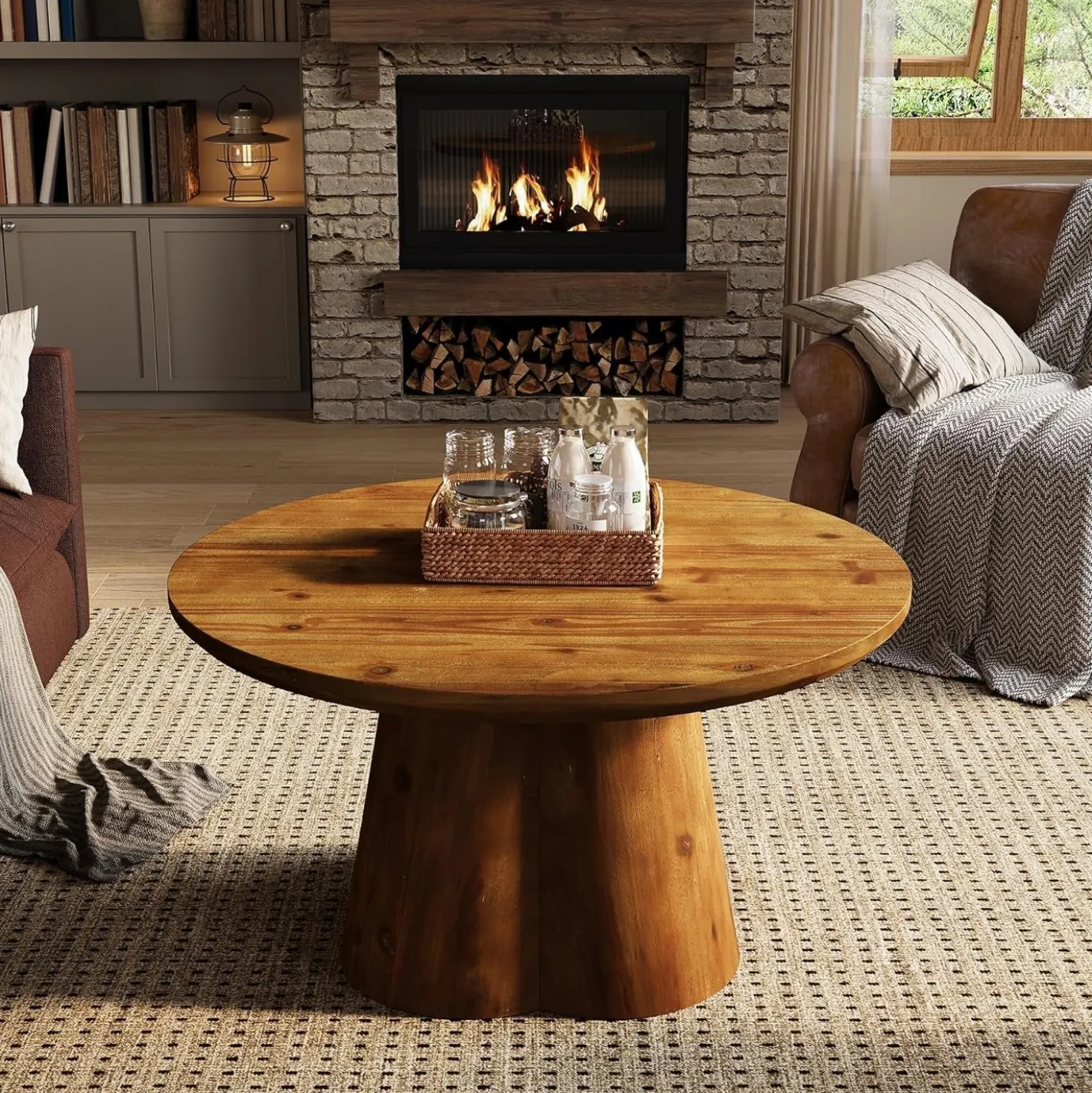 31.5" Round Coffee Table, Farmhouse Solid Wood Center Tea Table with Robust Base