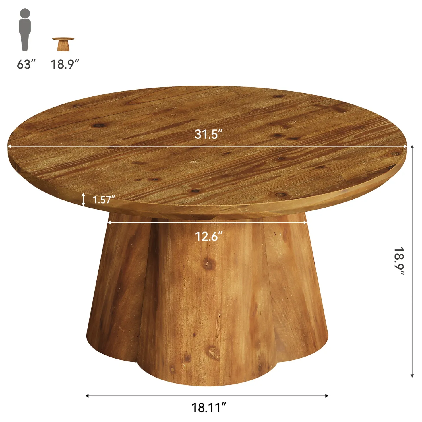 31.5" Round Coffee Table, Farmhouse Solid Wood Center Tea Table with Robust Base