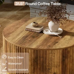 31.5" Round Coffee Table, Fluted Wooden Center Table with Sturdy Drum Base