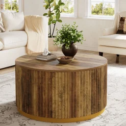 31.5" Round Coffee Table, Fluted Wooden Center Table with Sturdy Drum Base