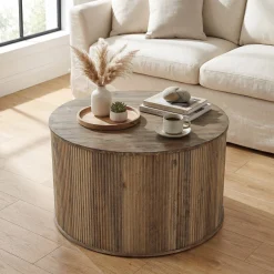 31.5" Round Coffee Table, Modern Center Table with Wooden Veneer Top